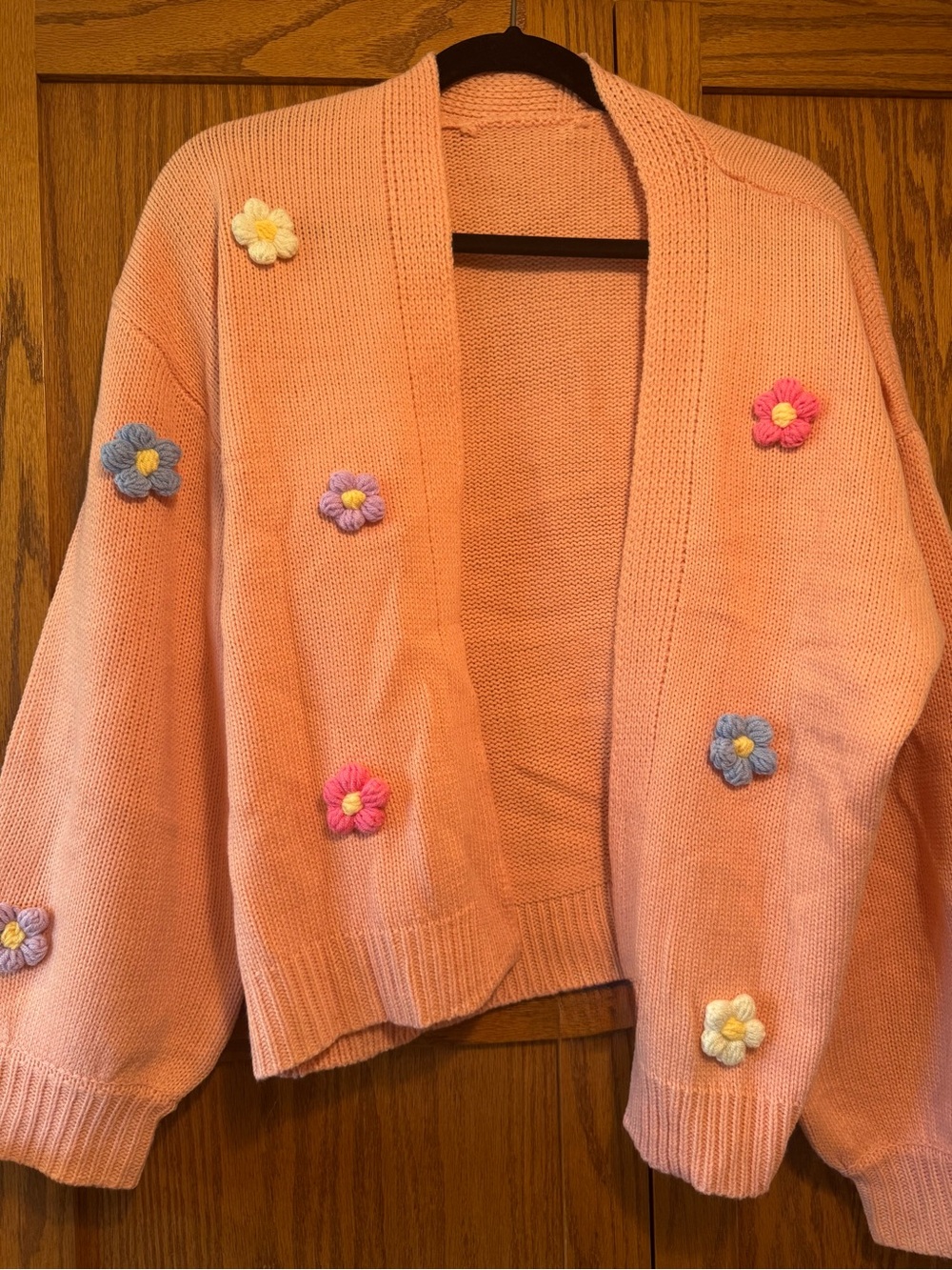 Peach/Pink Floral Crochet Appliqué Open Cardigan Sweater
